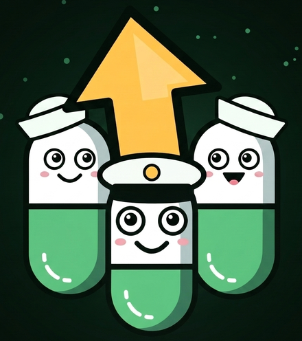 Three capsule crew members in sailor caps with a gold arrow pointing up
